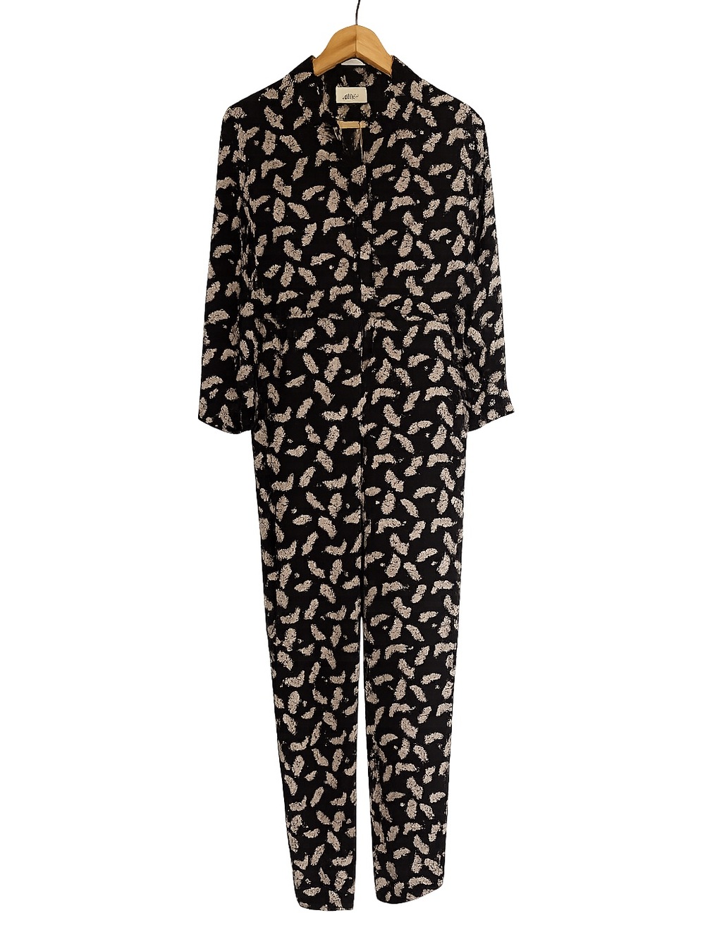 Ganni pants and shirt set; black with White/blue Leaf Print